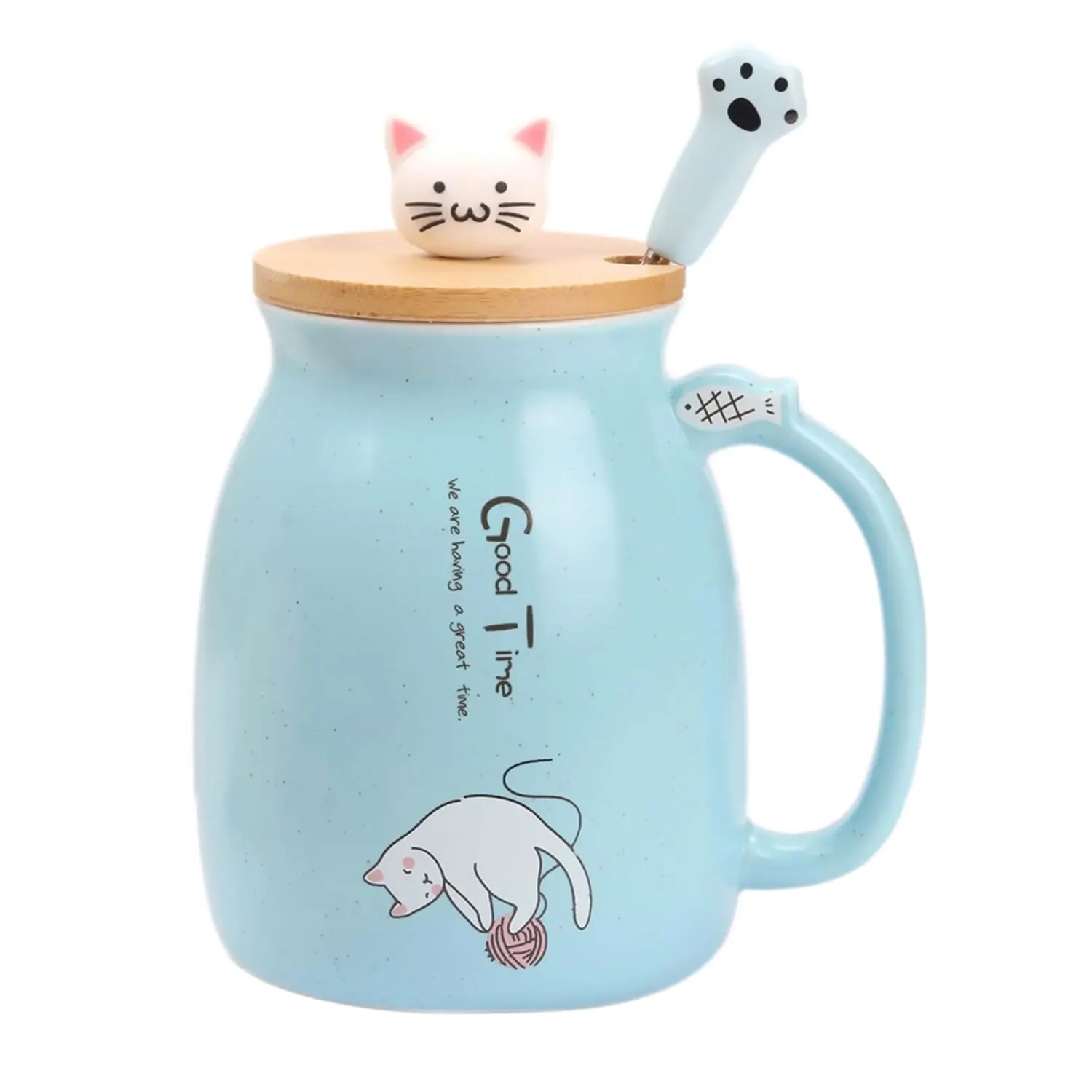 Kubek ceramiczny kot z pokrywką i łyżeczką 470 ml Niebieski