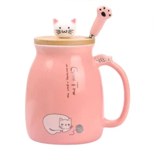 Kubek ceramiczny kot z pokrywką i łyżeczką 470 ml Różowy