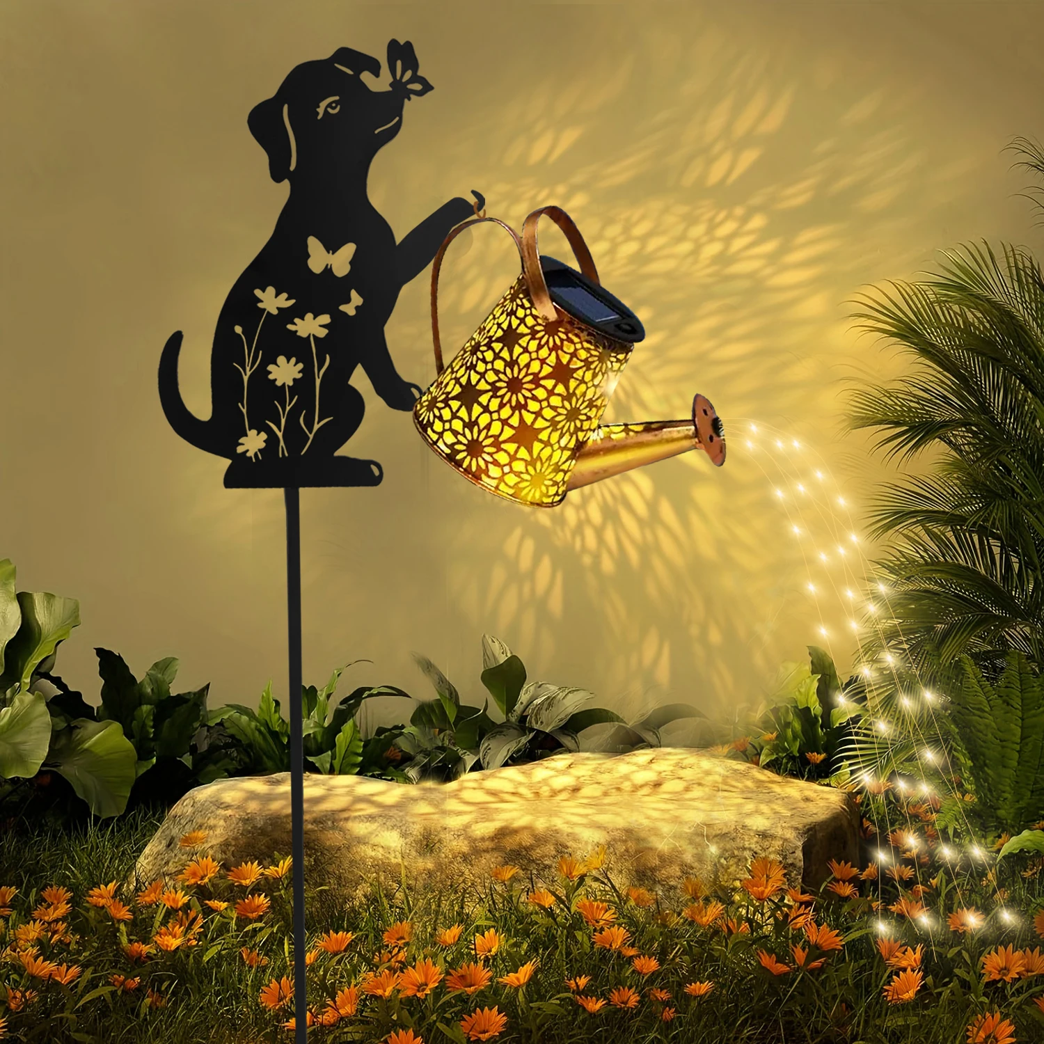 Lampa solarna kot z konewką - wisząca dekoracja do ogrodu żółty