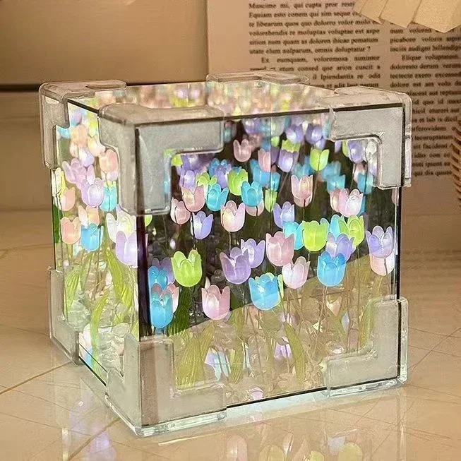 Lampka nocna DIY tulipan z lustra — dekoracyjna świetlna kostka żółty
