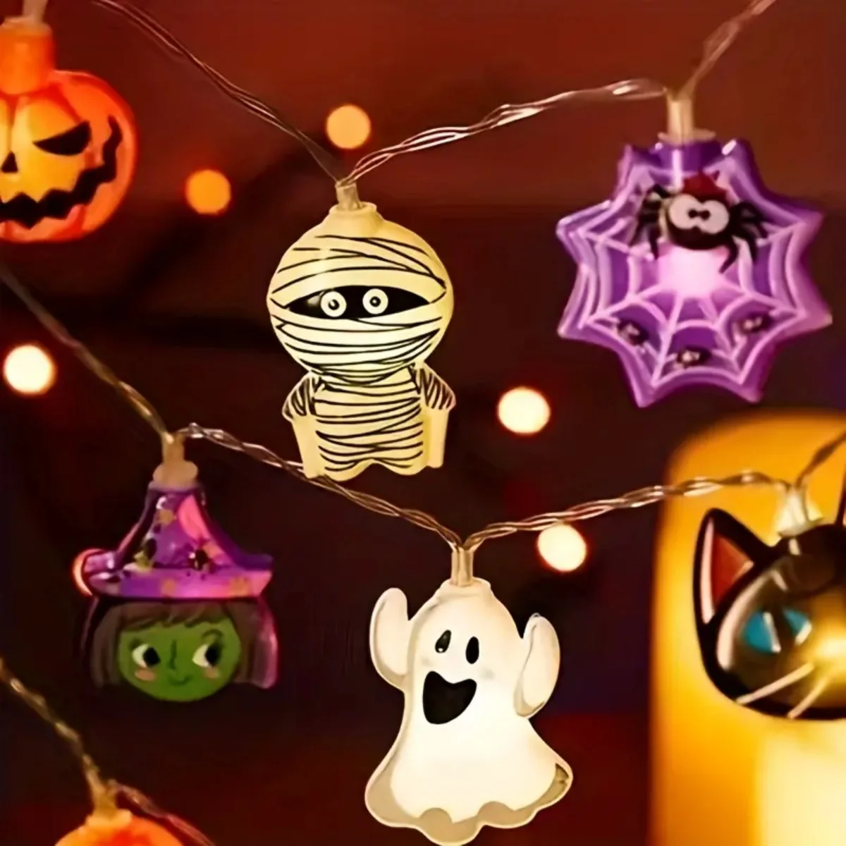 Lampki LED Halloween z duchami i pająkami na baterie — dekoracja sezonowa Ciepły biały
