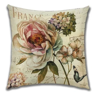 Lniana poszewka vintage w kwiaty na sofę i sypialnię 45x45 Biały