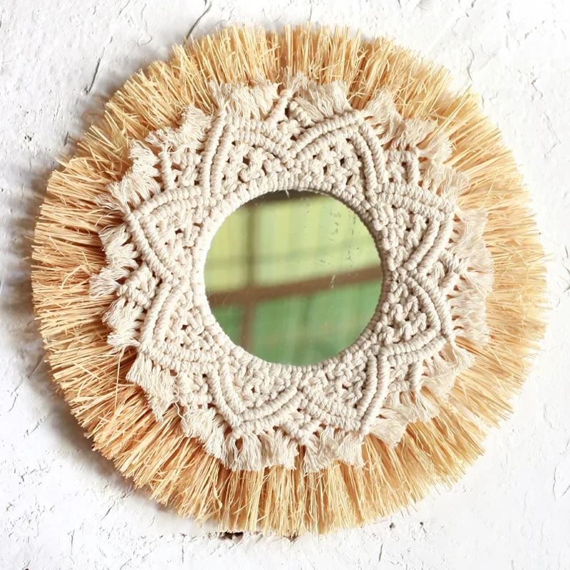 Okrągłe lustro boho ze słomianą ramą – styl nordycki do sypialni Brąz