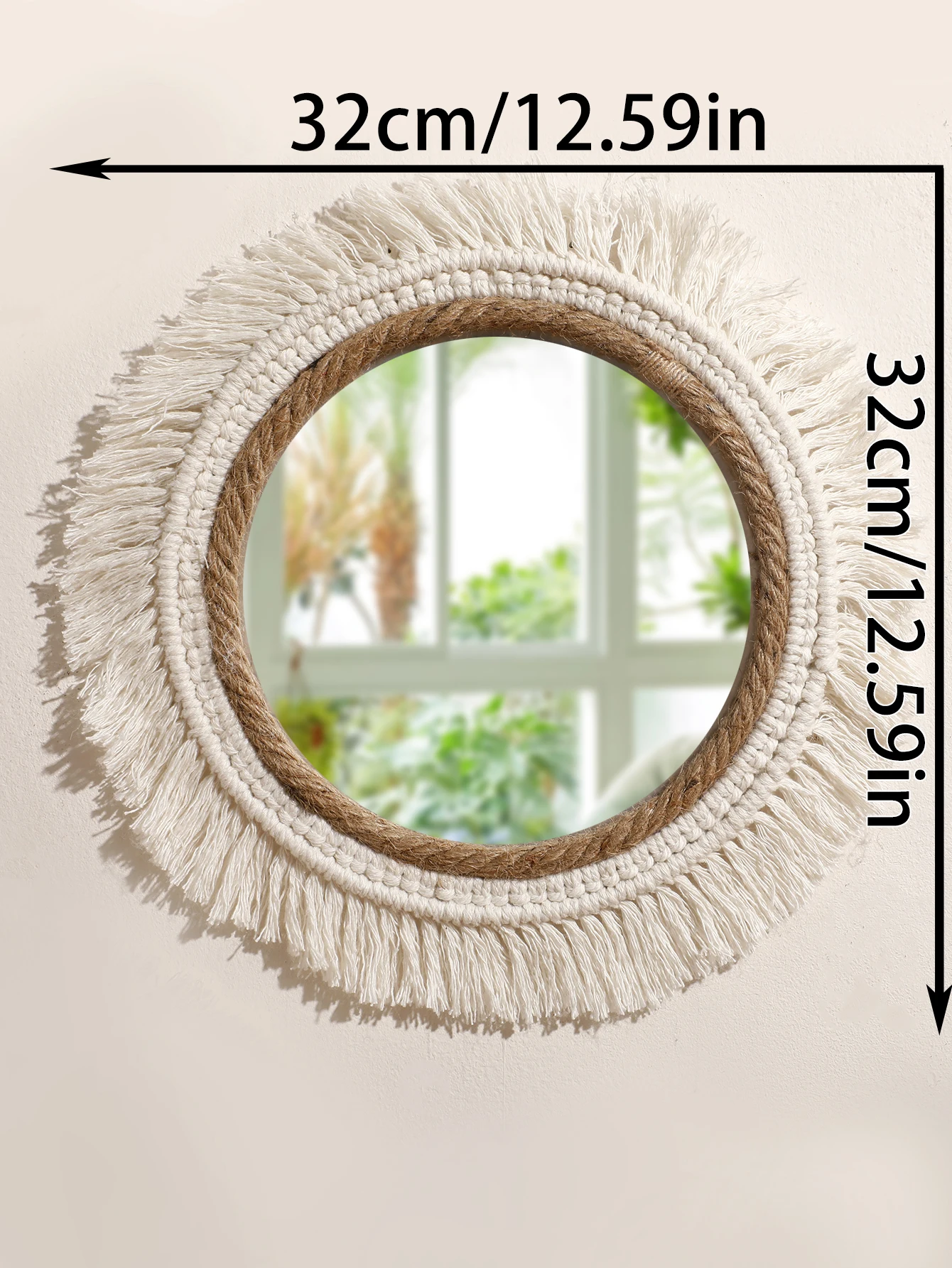 Ręcznie tkane lustro ścienne boho z dekoracją makramy Brąz