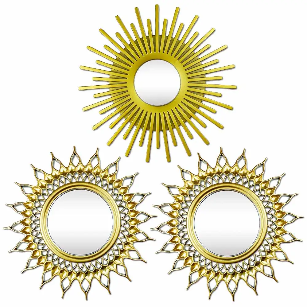 Okrągłe lustro ścienne słońce złote Sunburst — dekoracja boho Czerwony