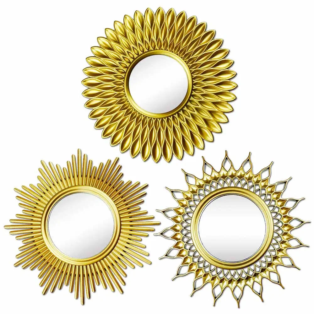 Okrągłe lustro ścienne słońce złote Sunburst — dekoracja boho Złoto