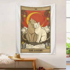 Makata gobelin kot tarot ze słońcem i fazami księżyca Czerwony