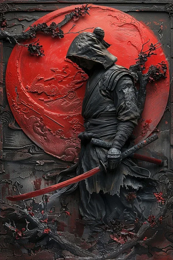 Metalowa tabliczka z motywem samurajów i ninja w stylu vintage Złoty