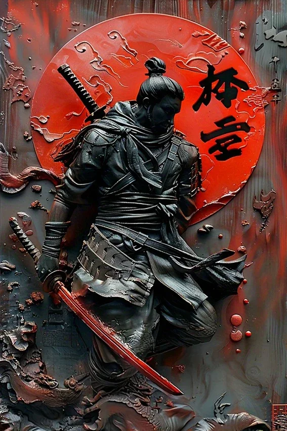 Metalowa tabliczka z motywem samurajów i ninja w stylu vintage Jasny róż