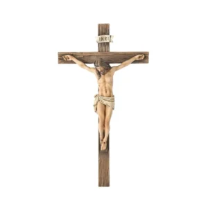 Metalowy krucyfiks ścienny z Jezusem — dekoracja religijna do domu Ciemny szary