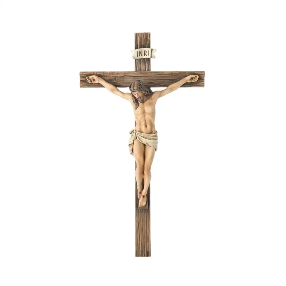 Metalowy krucyfiks ścienny z Jezusem — dekoracja religijna do domu Ciemny szary