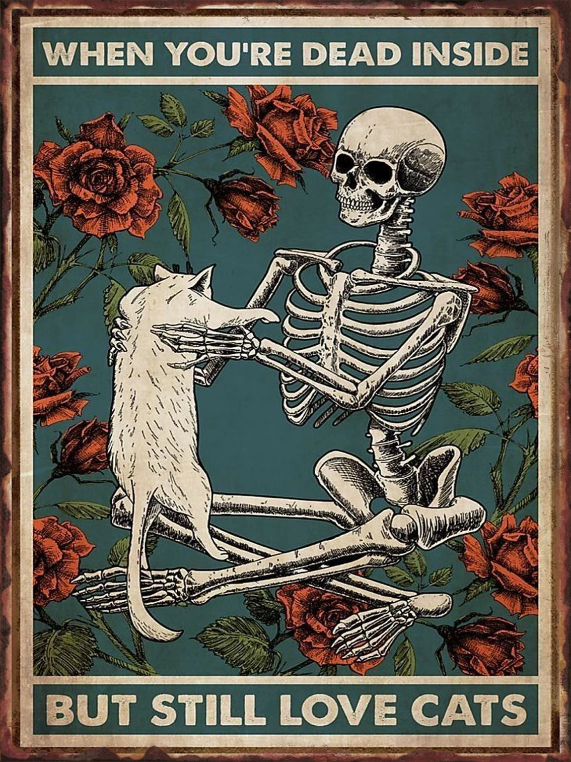 Metalowy plakat blaszany z czarnym kotem vintage do salonu Czerwona róża