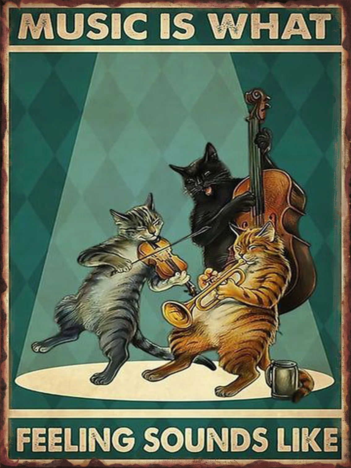 Metalowy plakat blaszany z czarnym kotem vintage do salonu Jasny róż