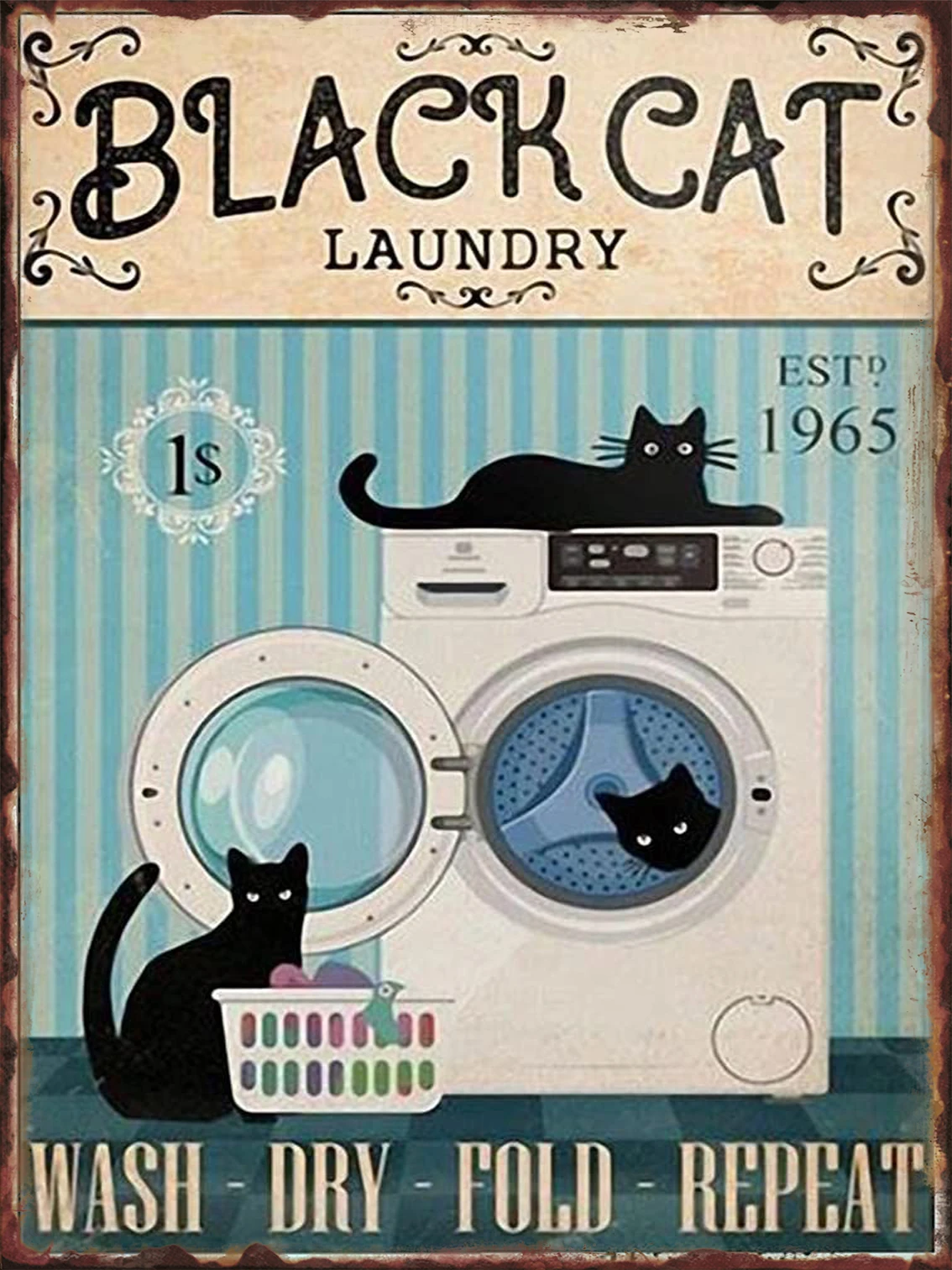 Metalowy plakat blaszany z czarnym kotem vintage do salonu Niebieski