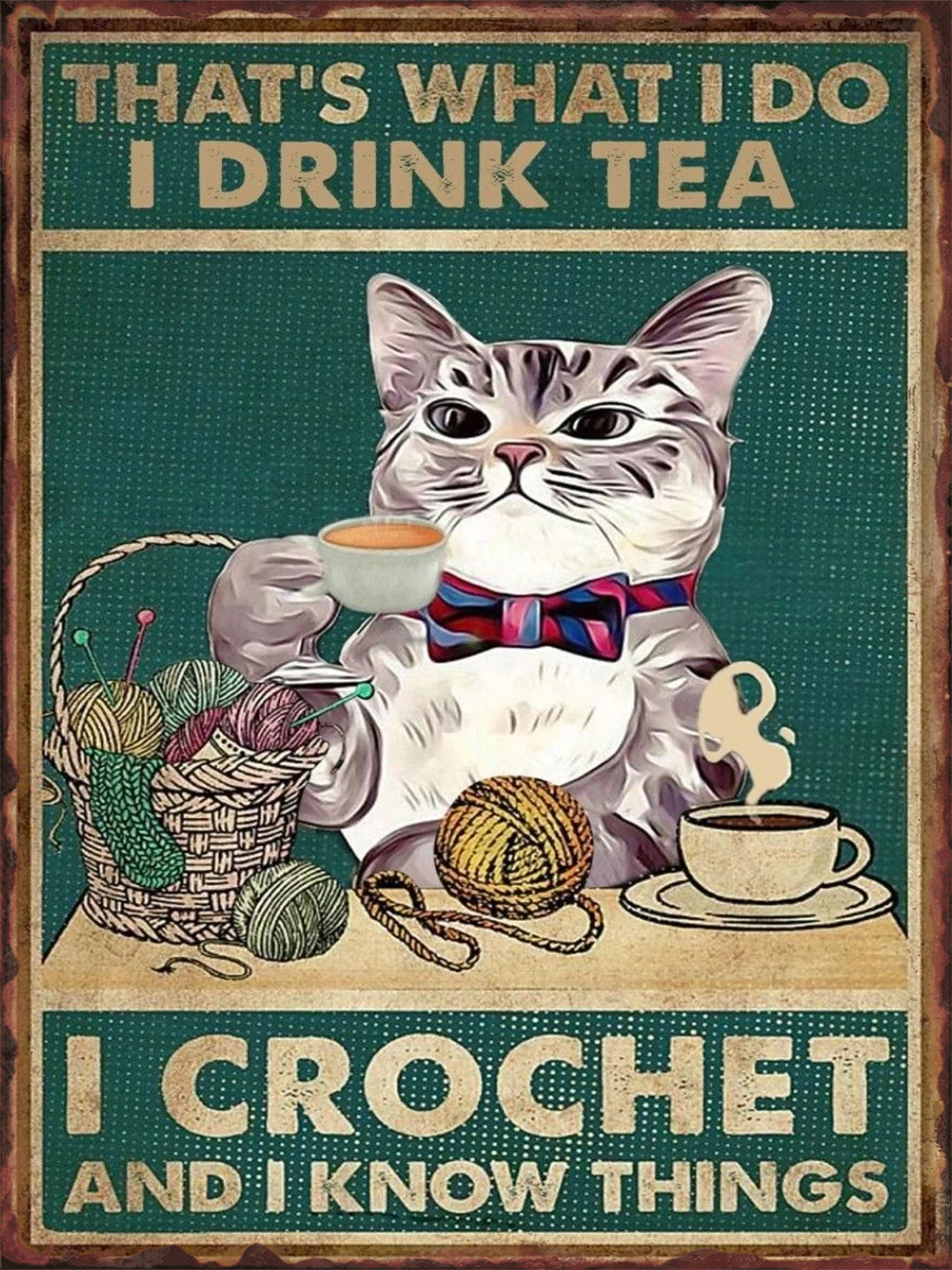 Metalowy plakat blaszany z czarnym kotem vintage do salonu Zielony jabłko