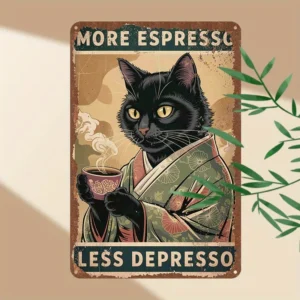 Metalowy szyld blaszany z kotem i kawą More Espresso Less Depresso Biały