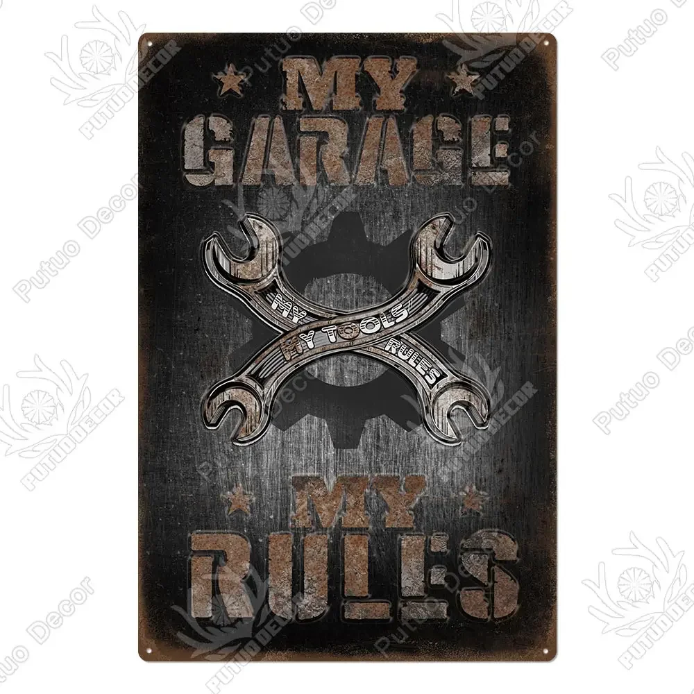 Metalowy szyld "My Garage Rules" — vintage dekoracja do garażu Błękitny