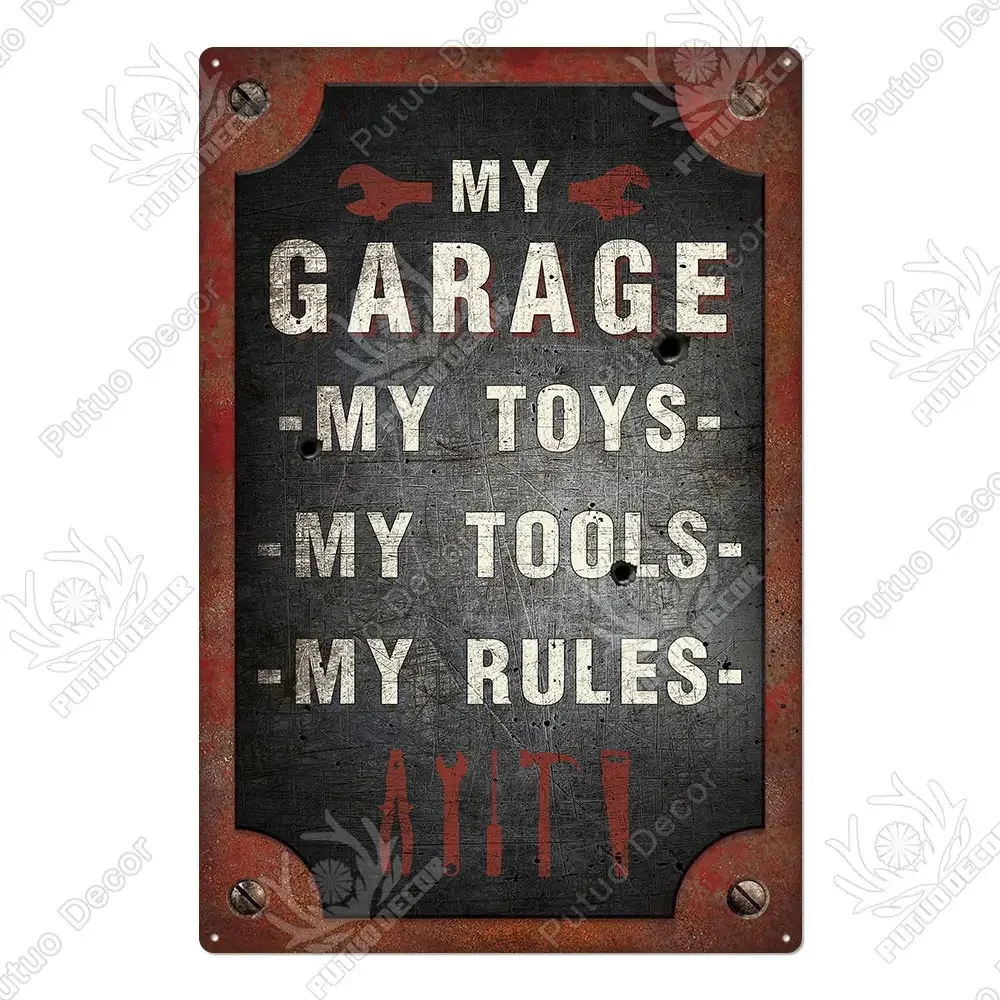 Metalowy szyld "My Garage Rules" — vintage dekoracja do garażu Jasny