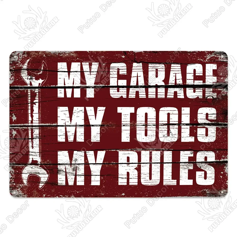 Metalowy szyld "My Garage Rules" — vintage dekoracja do garażu Niebieski