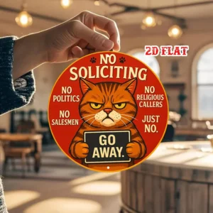 Metalowy szyld z kotem No Soliciting Go Away do salonu Wielo