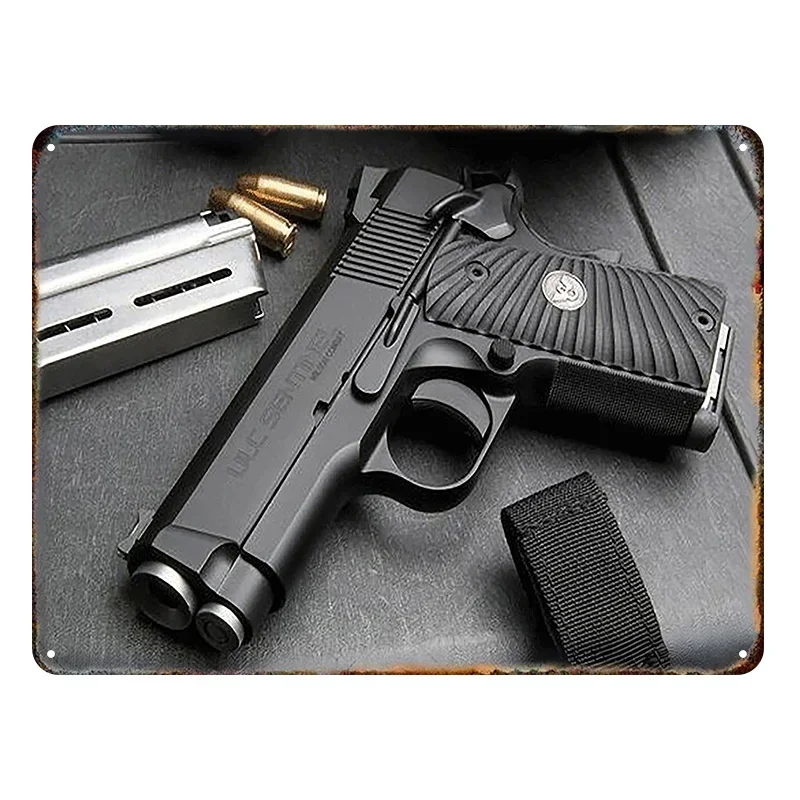 Metalowy znak ścienny retro pistolet pneumatyczny – dekoracja garażu i man cave Jabłko złote