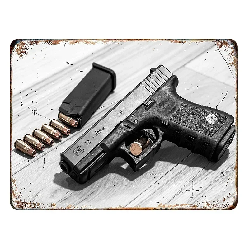 Metalowy znak ścienny retro pistolet pneumatyczny – dekoracja garażu i man cave żółty