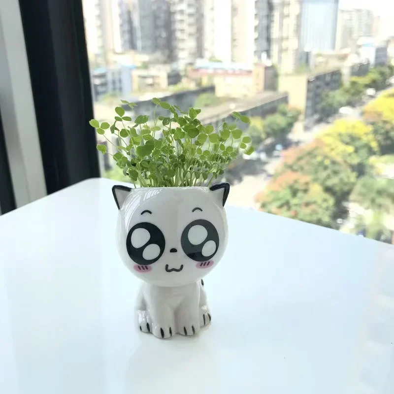 Mini ceramiczna doniczka w kształcie kota — ozdoba biurka i półki Biały