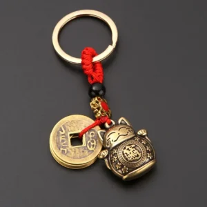 Mosiężny brelok do kluczy Lucky Cat z monetami Jasnozielony