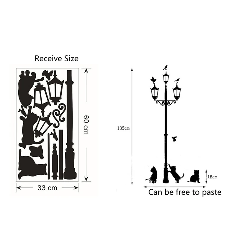 Naklejka ścienna DIY — koty i ptaki przy lampie, czarna Czarny