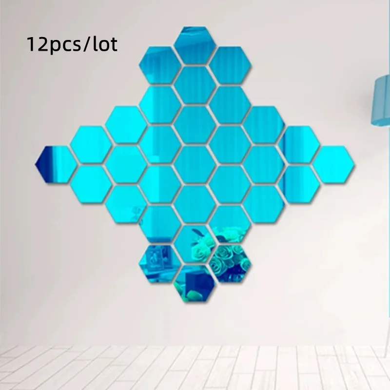 Naklejki lustrzane sześciokątne 3D na ścianę samoprzylepne 12 szt Niebieski