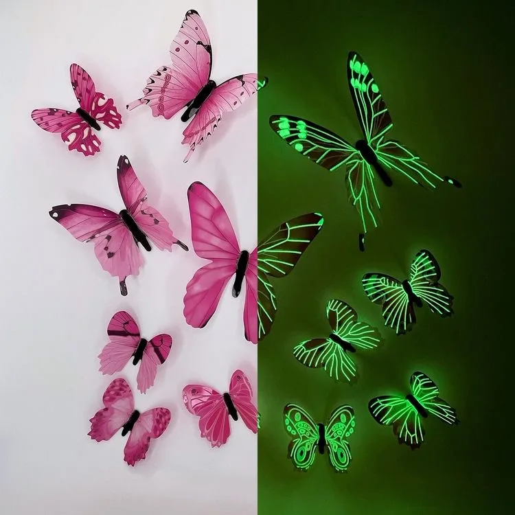 Naklejki ścienne 3D świecące motyle fluorescencyjne 12 szt. Różowy