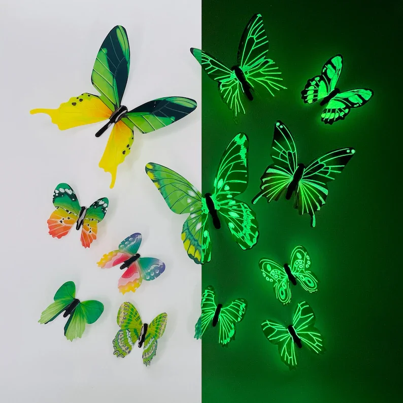 Naklejki ścienne 3D świecące motyle fluorescencyjne 12 szt. Zielony