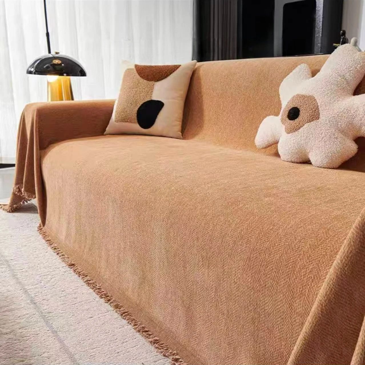 Narzuta chenille herringbone z frędzlami — miękki koc na kanapę Khaki