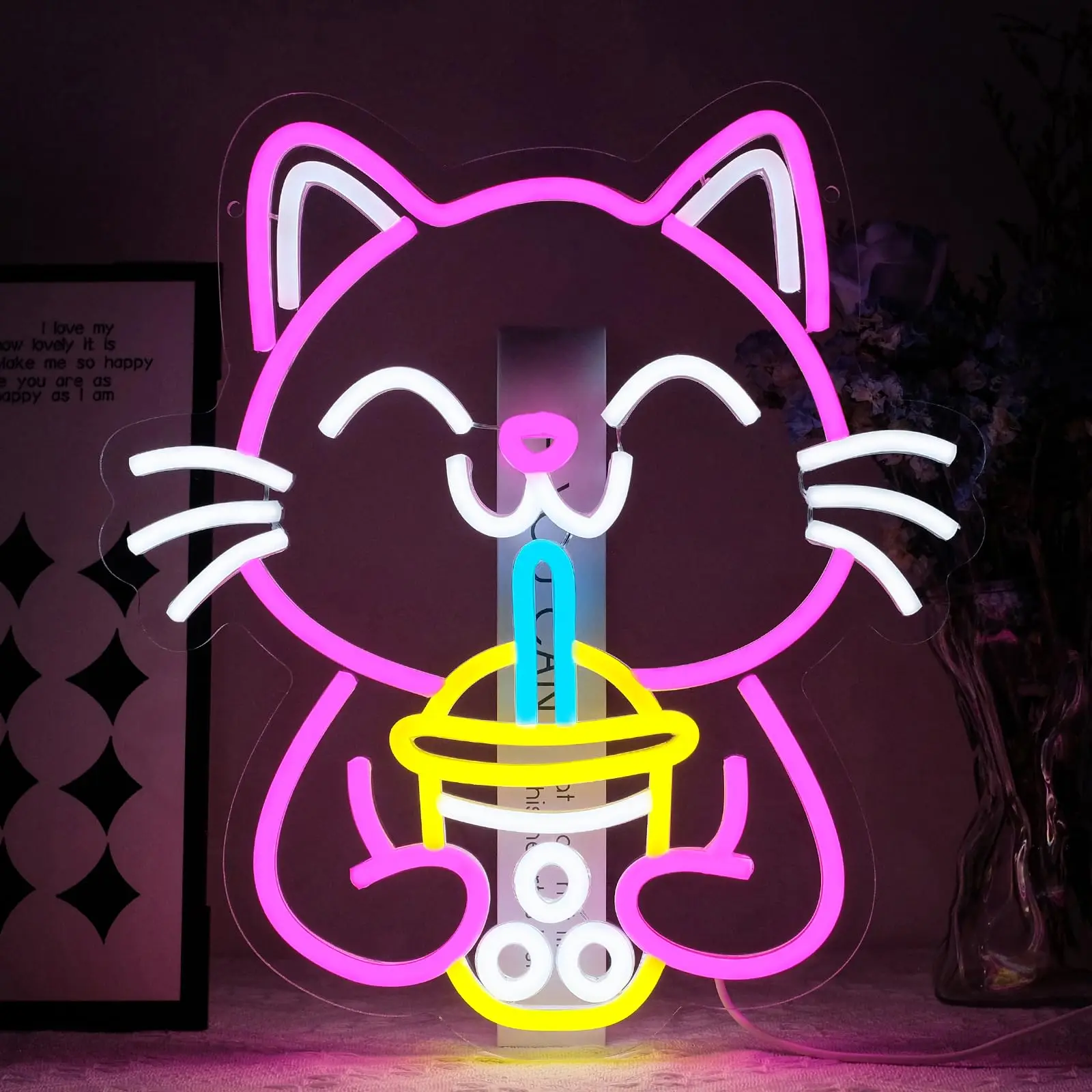 Neonowy znak LED z kotem i bubble tea — dekoracja ścienna do kawiarni i domu Biały