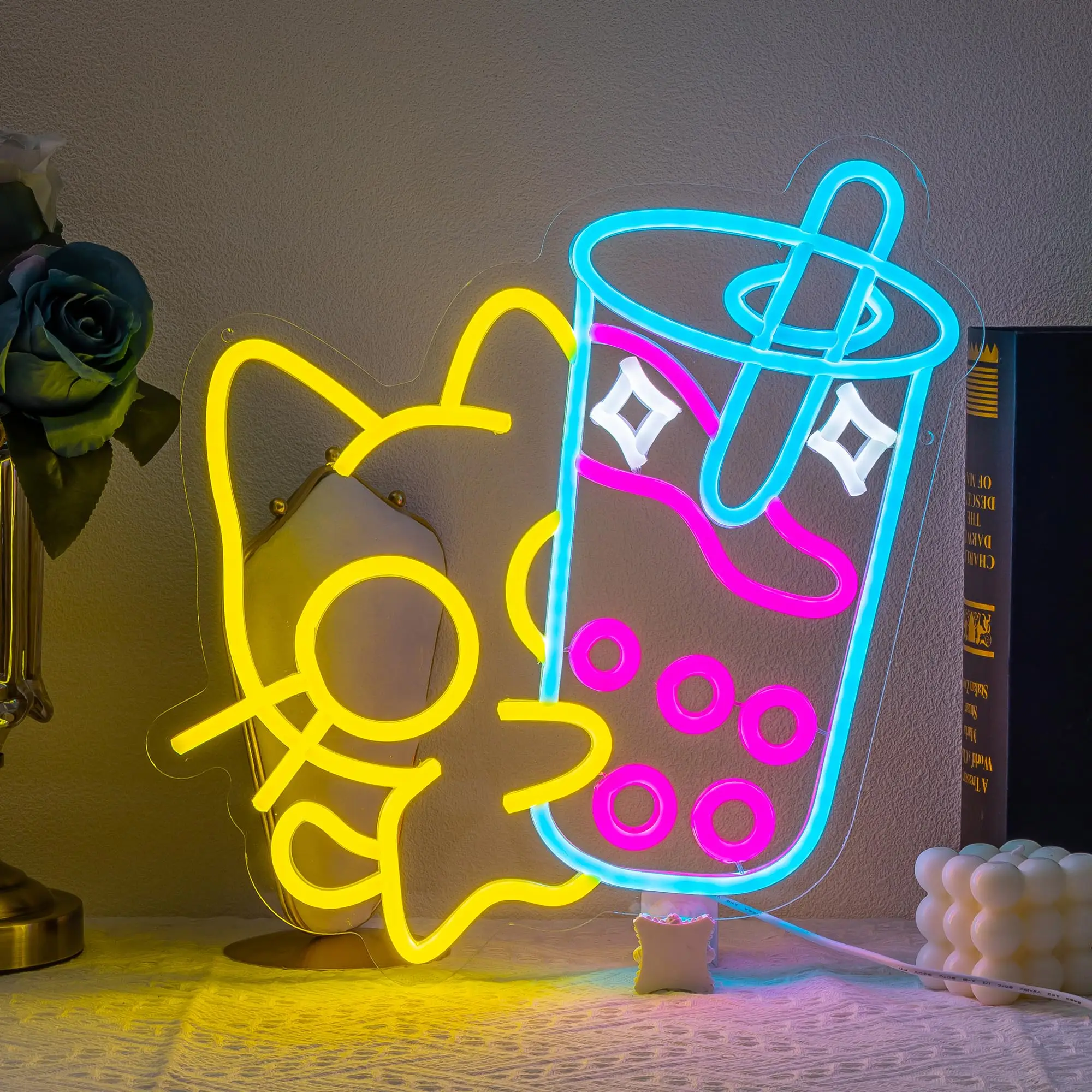Neonowy znak LED z kotem i bubble tea — dekoracja ścienna do kawiarni i domu Różowe złoto