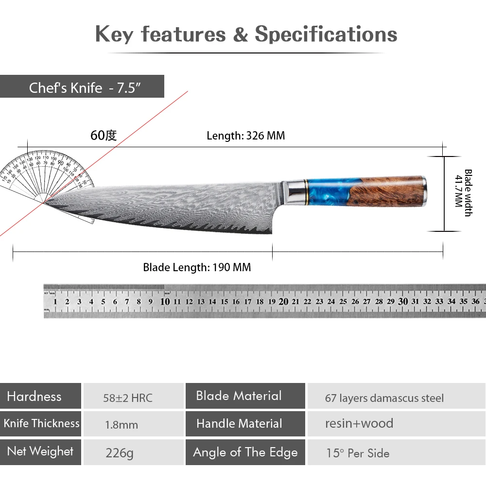 Nóż szefa kuchni ze stali damasceńskiej VG10 z niebieską rękojeścią Chef knife
