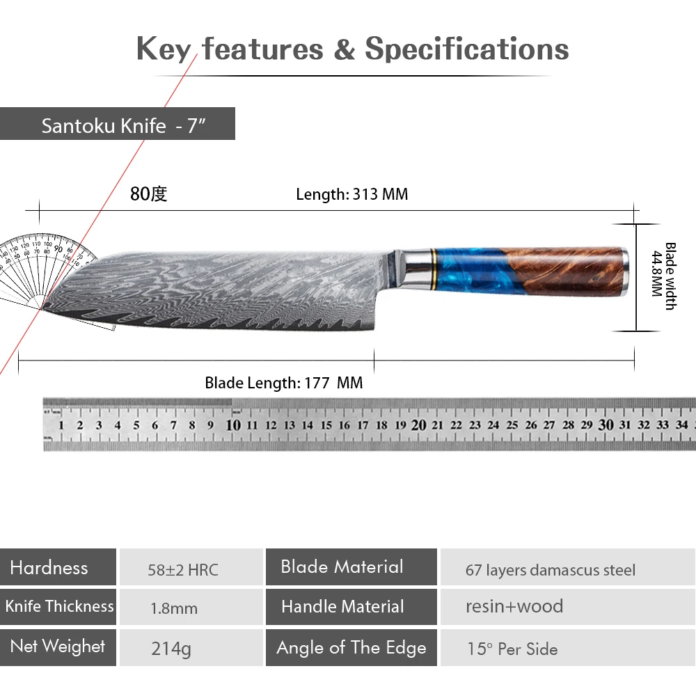 Nóż szefa kuchni ze stali damasceńskiej VG10 z niebieską rękojeścią Sande knife