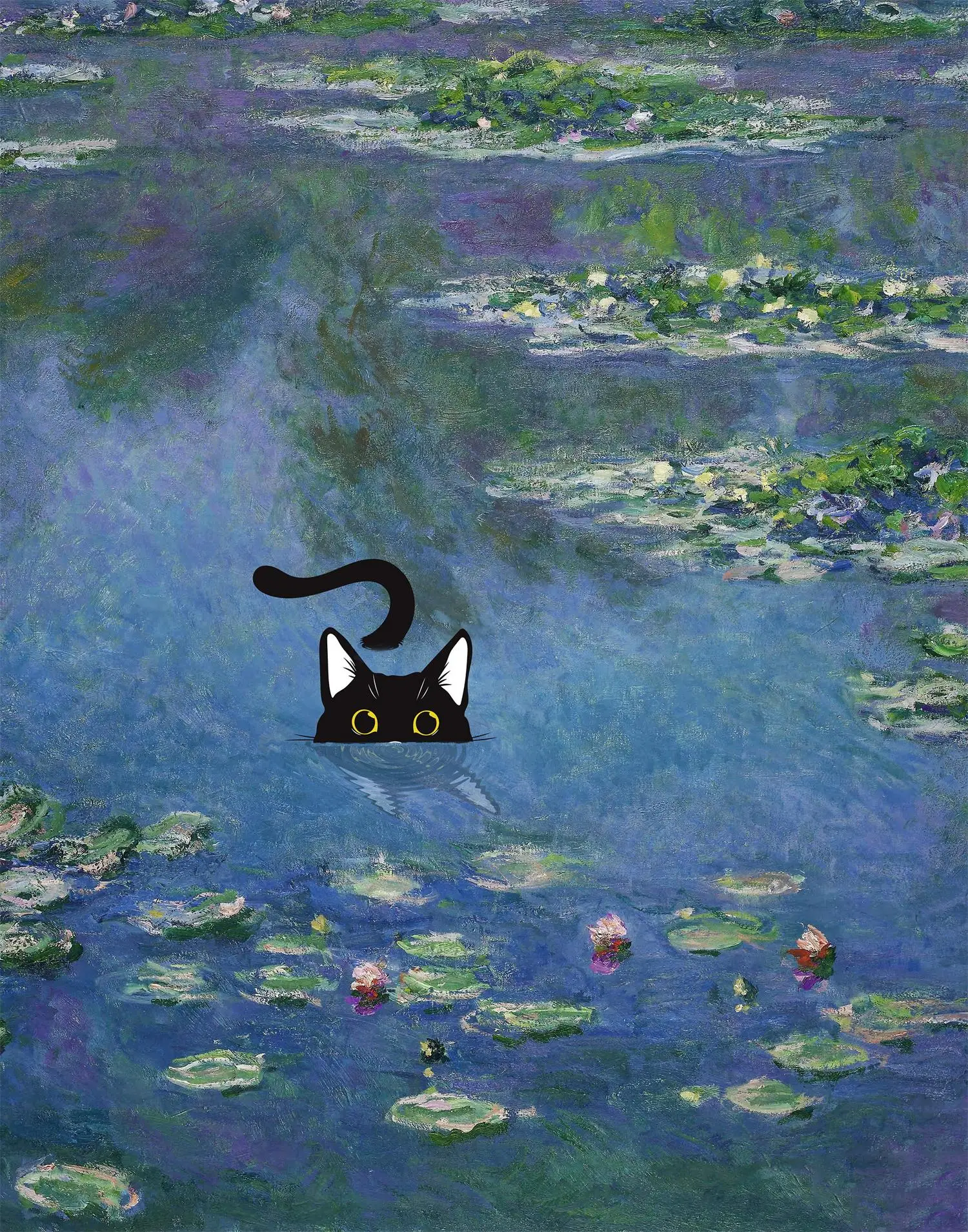 Obraz na płótnie z czarnym kotem — plakat w stylu Claude Monet do salonu Brązowy