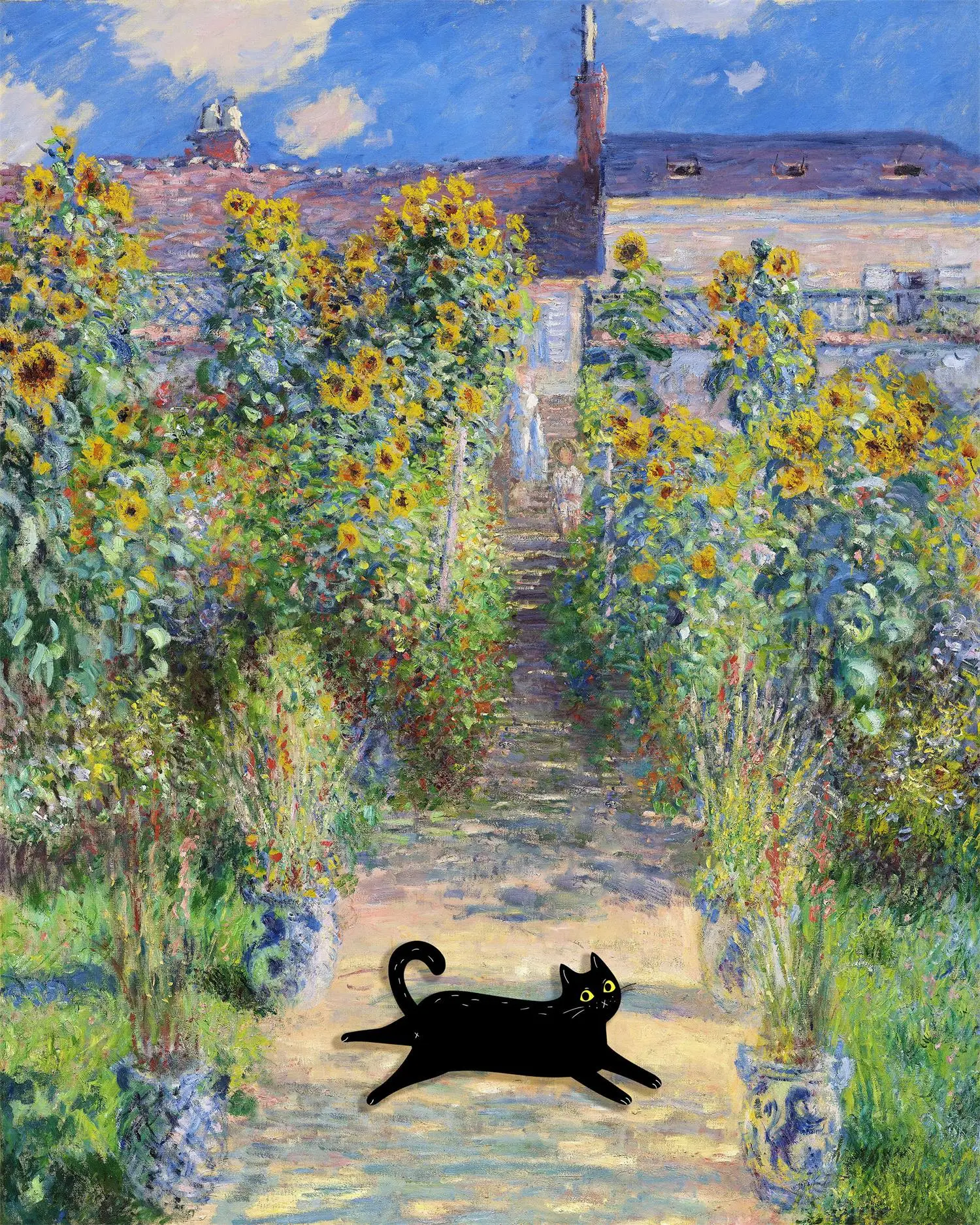 Obraz na płótnie z czarnym kotem — plakat w stylu Claude Monet do salonu Ciemny szary