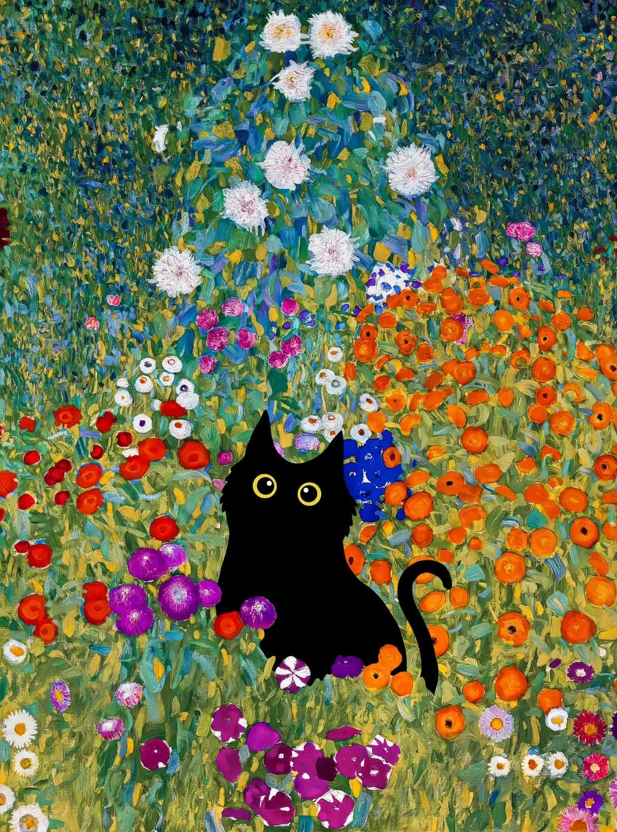 Obraz na płótnie z czarnym kotem — plakat w stylu Claude Monet do salonu Fioletowy/фиолетовый