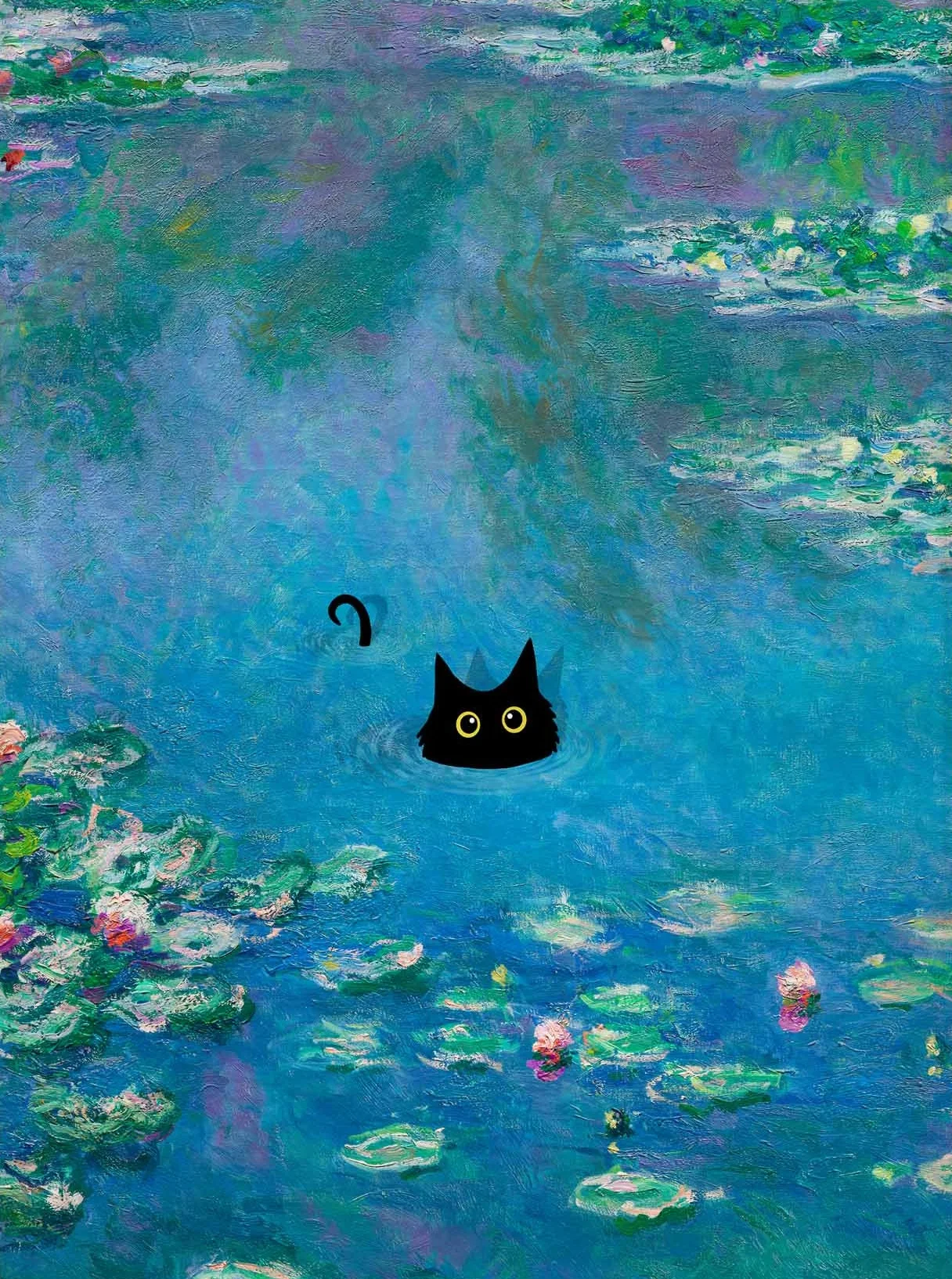 Obraz na płótnie z czarnym kotem — plakat w stylu Claude Monet do salonu Granatowy
