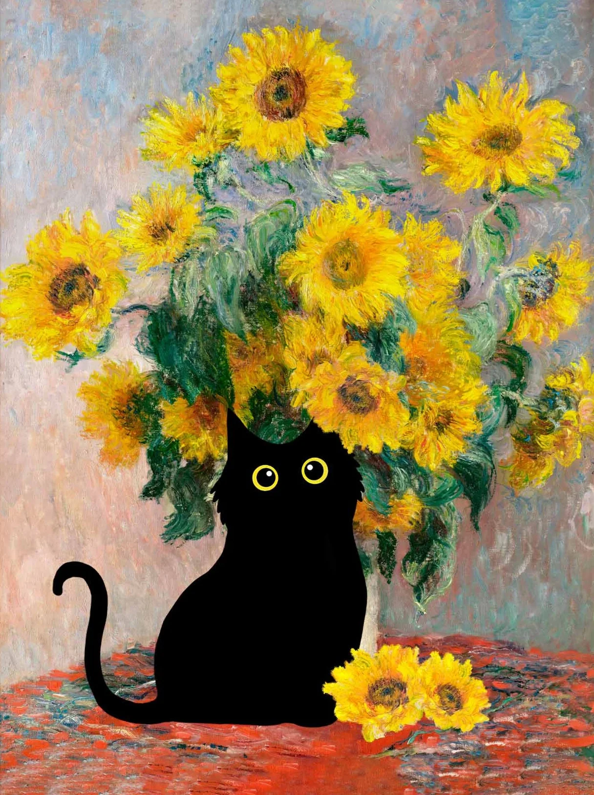 Obraz na płótnie z czarnym kotem — plakat w stylu Claude Monet do salonu Jasnoszary