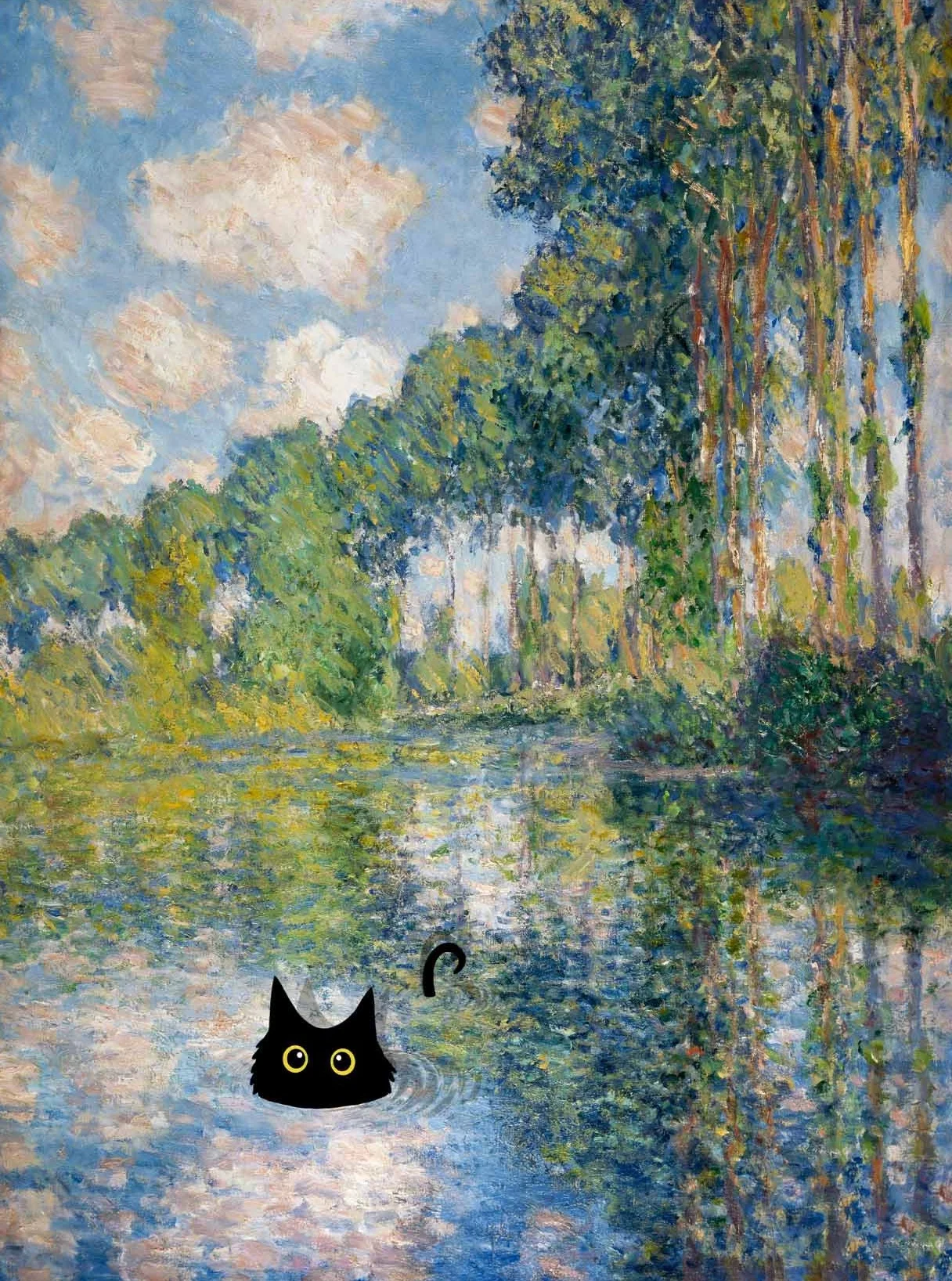 Obraz na płótnie z czarnym kotem — plakat w stylu Claude Monet do salonu Jasnożółty