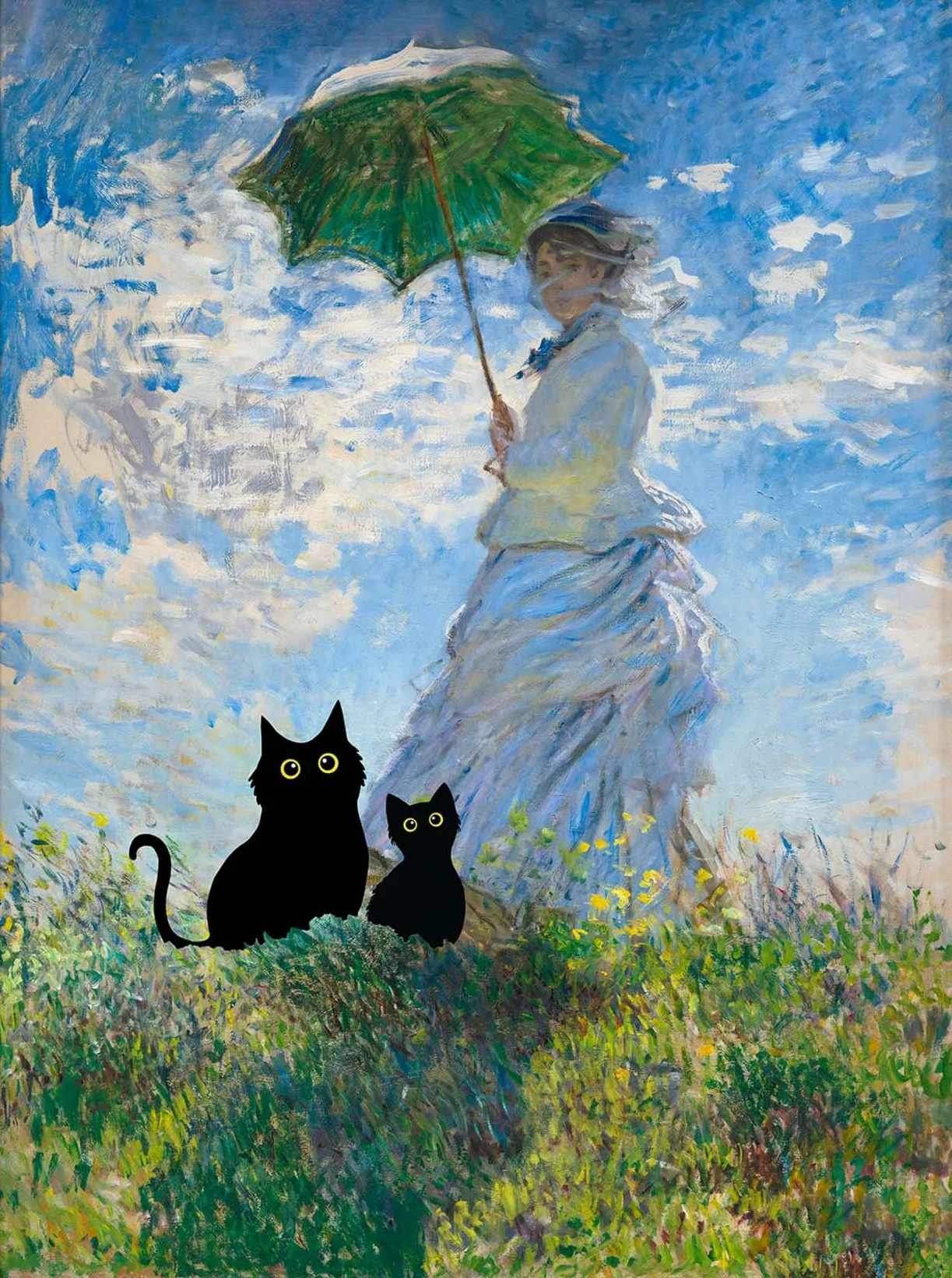 Obraz na płótnie z czarnym kotem — plakat w stylu Claude Monet do salonu Jasny