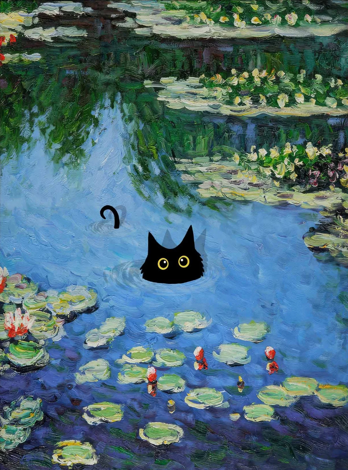 Obraz na płótnie z czarnym kotem — plakat w stylu Claude Monet do salonu Pomarańczowy