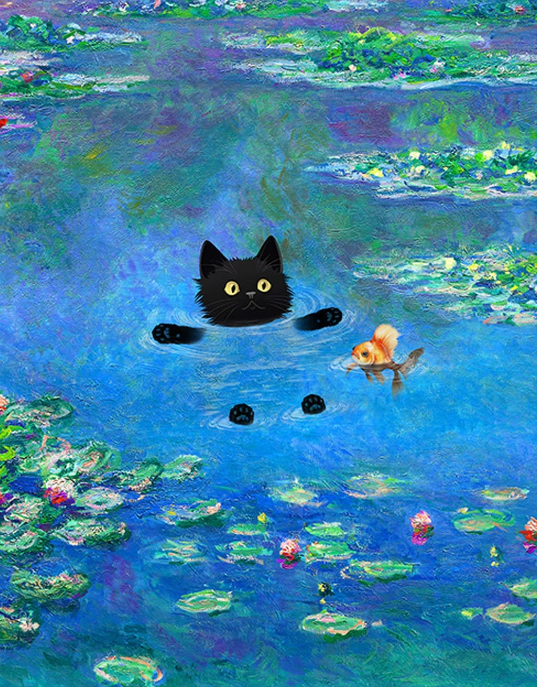 Obraz na płótnie z czarnym kotem — plakat w stylu Claude Monet do salonu Zielony