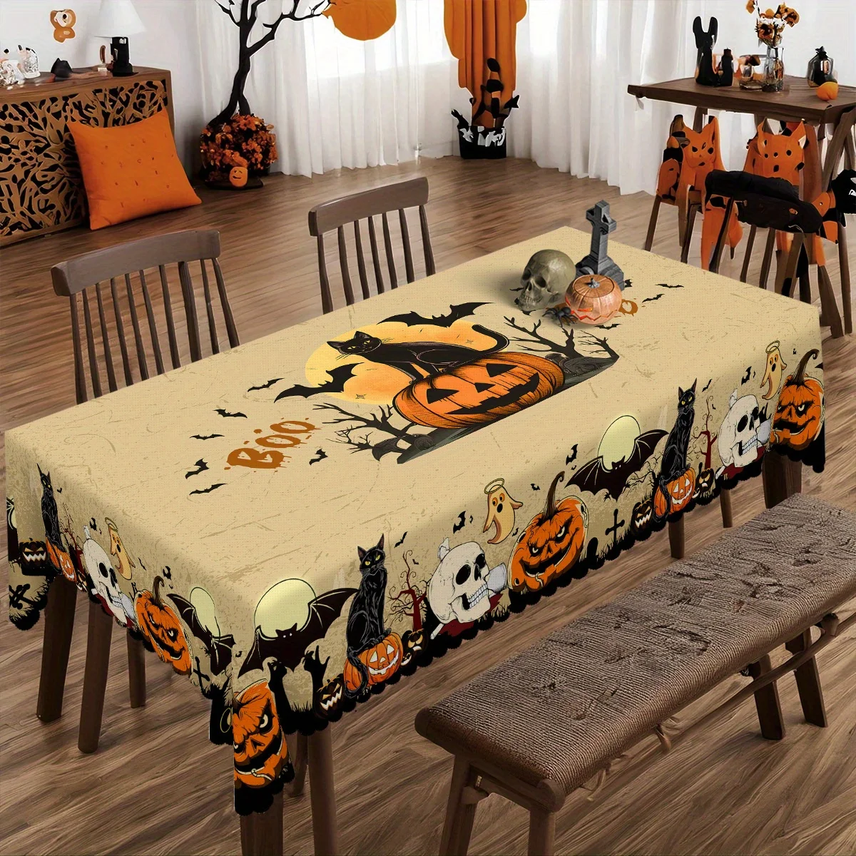 Obrus na Halloween z dyniami i czarnym kotem Biały