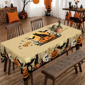 Obrus na Halloween w dynie i czarne koty Biały
