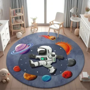 Okrągła mata do zabawy dla dzieci z planetami i astronautami Burgundia