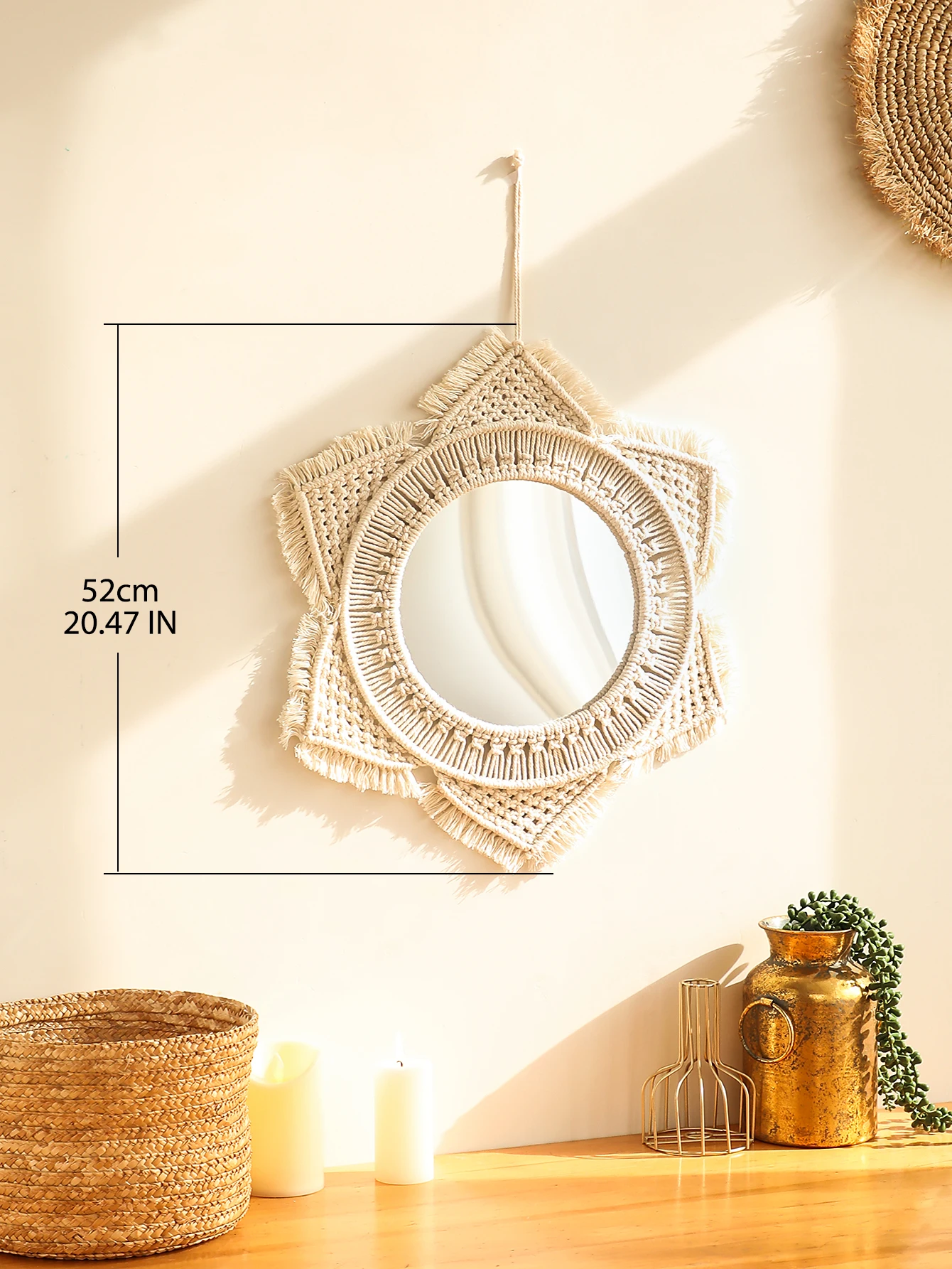 Okrągłe lusterko dekoracyjne boho z makramą na ścianę Brąz